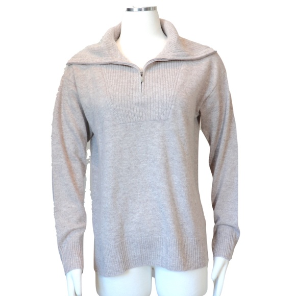 Taupe cashmere sweater quarter zip neckline with shawl collar - Picture 1 of 10
